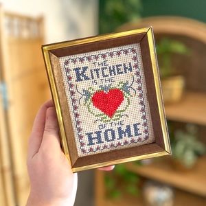 Vintage Handmade “Kitchen is the Heart of the Home” Wood Framed Crewel Wall Art